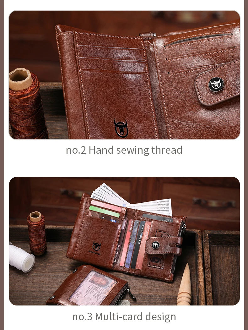 BULLCAPTAIN Men's Genuine Leather Wallet Business Retro Snap Wallet Multifunctional RFID Anti-Theft Zipper Multi-Card Coin Purse