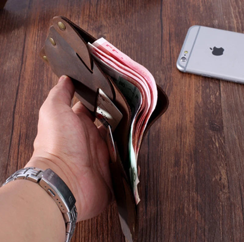 Fashion PUNK Handmade Crazy Horse Genuine Leather Wallet Men Money clip Short Wallet Bag Stud male Purse Card Holder Wallet