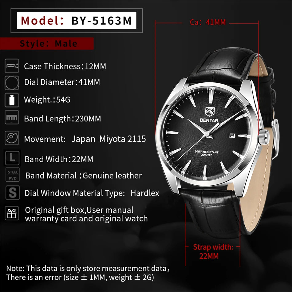 Benyar 5163 Top Brand Luxury Military Wristwatches Leather Quartz Watches Waterproof Simple Watch for Men Reloj Hombre