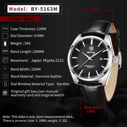 Benyar 5163 Top Brand Luxury Military Wristwatches Leather Quartz Watches Waterproof Simple Watch for Men Reloj Hombre