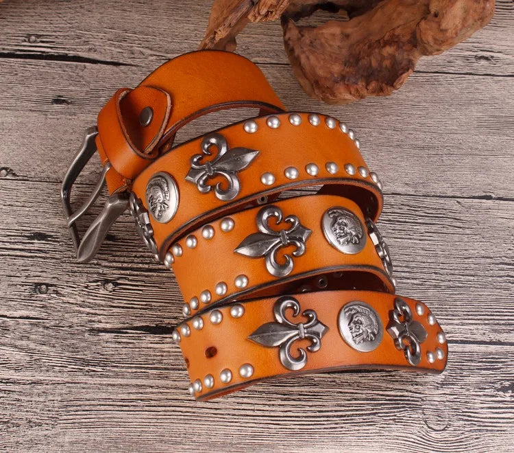 High Quality Metal Rivet Cowboy Belt Top Grain Genuine Leather Cowskin Men Belt Punk Rivet Jeans Belts For Men