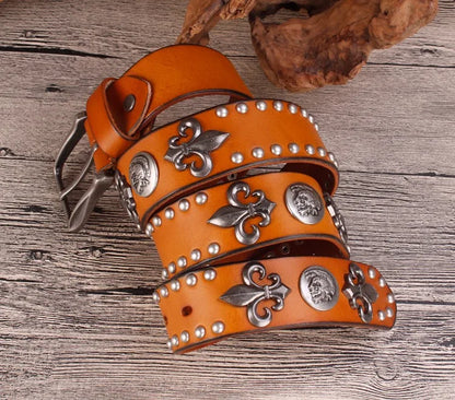 High Quality Metal Rivet Cowboy Belt Top Grain Genuine Leather Cowskin Men Belt Punk Rivet Jeans Belts For Men