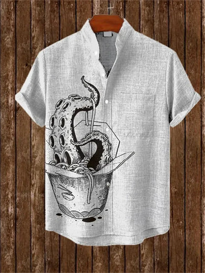 New retro and stylish linen short sleeved shirt, men's samurai armor, plum blossom printed casual top