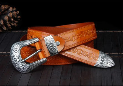 High Quality Court Style Embossed Western Cowboy Steel Buckle Belt Genuine Leather Designer Men Belt Punk Jeans Belts For Men