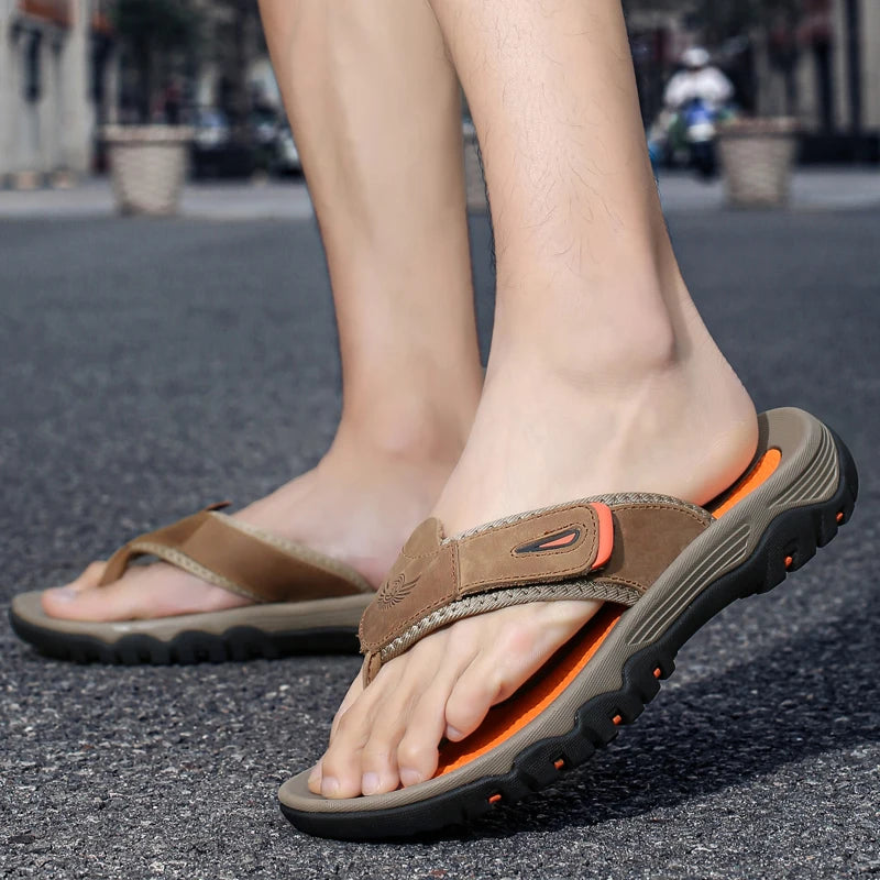 Men Sport Thong Slippers Genuine Leather Upper Adjustable Hook Loop Shock Absorb Anti Slip MD Sole Daily Beach Casual Flip Flops