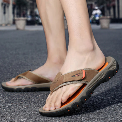 Men Sport Thong Slippers Genuine Leather Upper Adjustable Hook Loop Shock Absorb Anti Slip MD Sole Daily Beach Casual Flip Flops