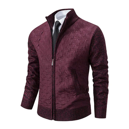 Mens Sweaters Jacket Full Zip Fleeced Sweater Cardigan Plaid Stand Collar Sweaters Coat Autumn Winter Homme Clothes