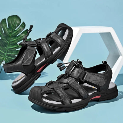 Genuine Leather Mens Water Beach Sandals Summer Closed Toe Sandals Non-slip Hiking Wading Sneakers Quick Dry Wading Aqua Shoes