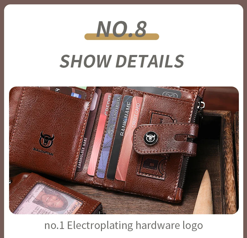 BULLCAPTAIN Men's Genuine Leather Wallet Business Retro Snap Wallet Multifunctional RFID Anti-Theft Zipper Multi-Card Coin Purse