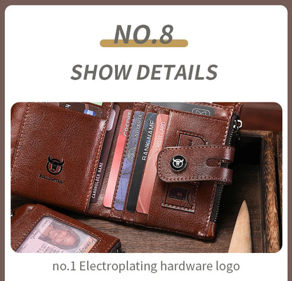 BULLCAPTAIN Men's Genuine Leather Wallet Business Retro Snap Wallet Multifunctional RFID Anti-Theft Zipper Multi-Card Coin Purse