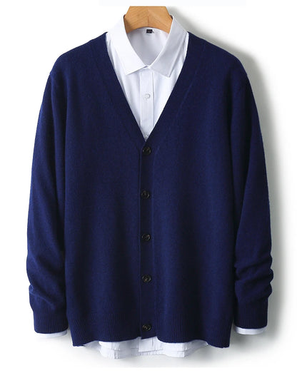 100% Pure Wool Sweater Autumn Winter New Men's Cardigan V-Neck Buckle Jacket Loose Casual Cashmere Knitted Sweater Long Sleeveds