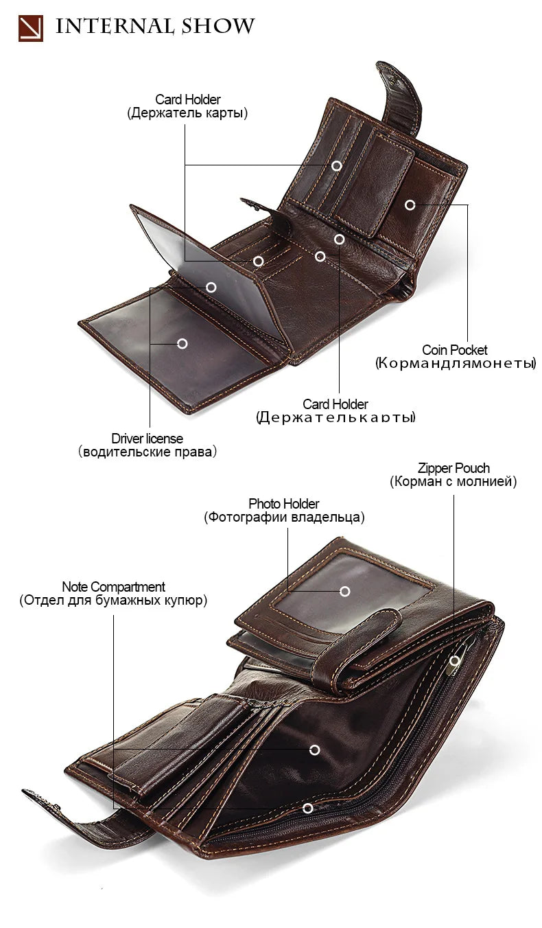 New Men Wallet Cowhide Genuine Leather Wallets Coin Purse Clutch Hasp Open Top Quality Retro Short Wallet Multi Cards Slots