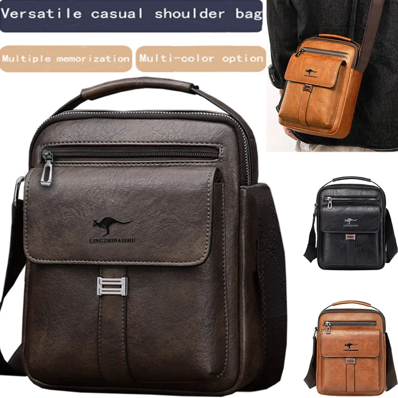 Men Multifunctional Leather Shoulder Bag Multi Pocket Crossbody Messenger Bag Business Travel Handbag with Top Handle Black