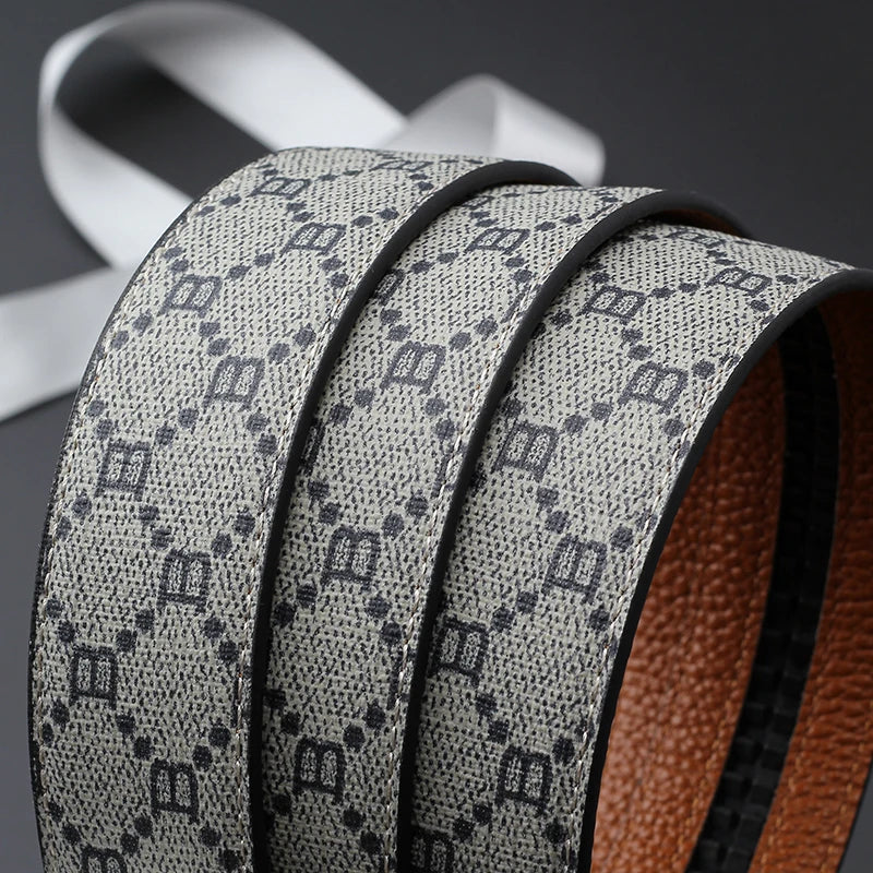 Classic B Print Leather Belt for Men - Adjustable Ratchet Buckle Dress Belt for Suits & Trousers