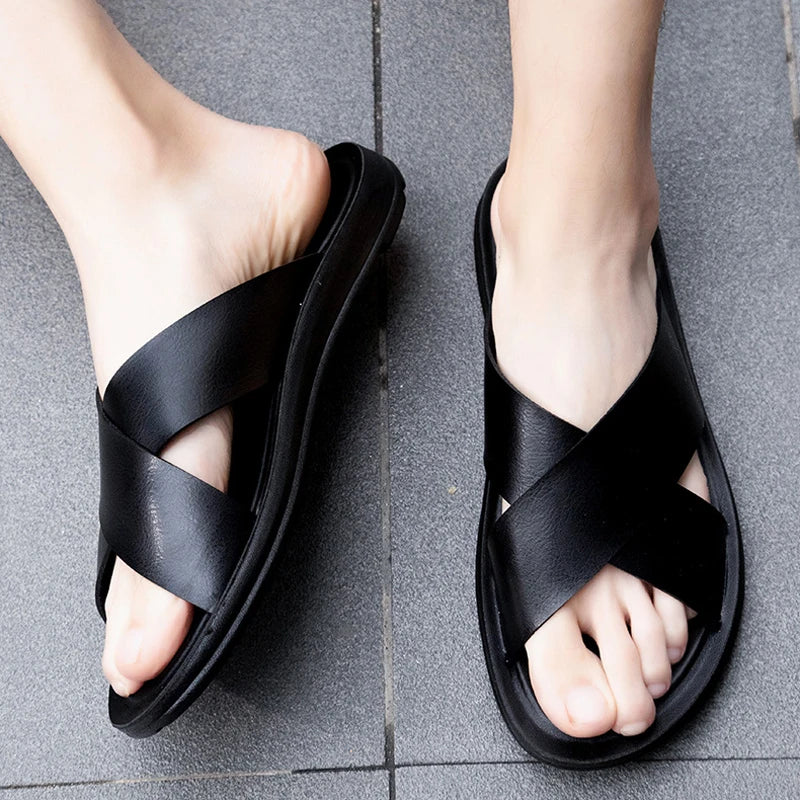 Men Summer Shoes Italian Leather Slippers Outdoor Men High Quality Big Size 38-47 Beach Flip Flops Slip on Men's Sandals MSH038