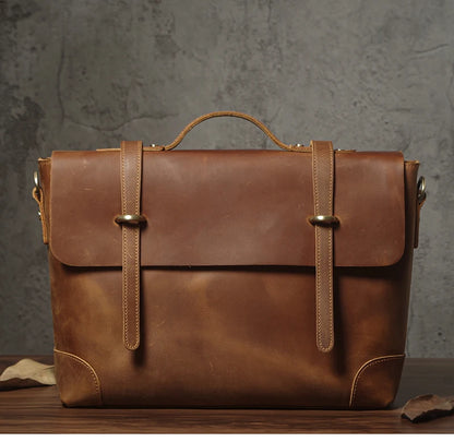 NUKA Men's Leather Handbag Vintage Business Briefcase Crazy Horse Cowhide Messenger Bag Deluxe Shoulder Bag For 15.6 Inch Laptop