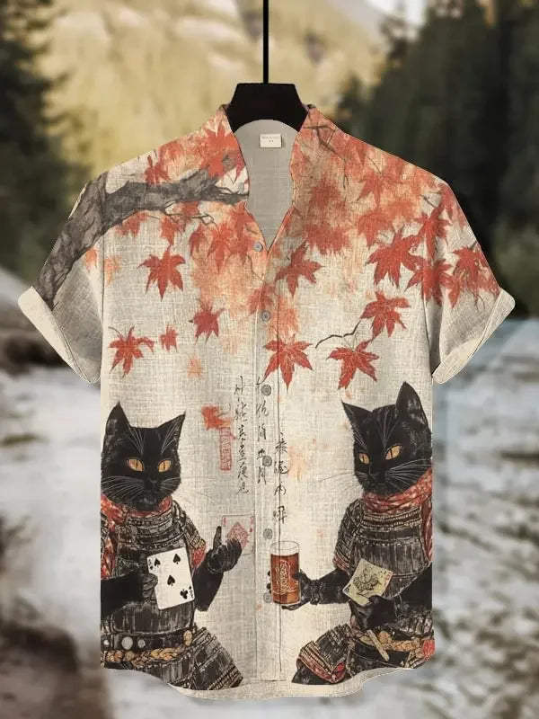 Men's Edo Cat Samurai Warrior Japanese Art Anime Shirts 3D Print Casual Hawaiian Shirts Summer Men Women Short Sleeve Blouse Top