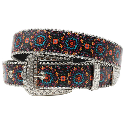 Rhinestone belt B&B style blue print pattern Women's Jeans Rhinestone Belt Men's Belt Western Denim Leather HipHop Rock