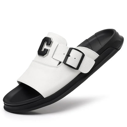 Men Outwear Genuine Leather Slippers for Men Fashion Buckle Designer Summer Flip-flops Male Casual Non-slip Beach Shoes Man