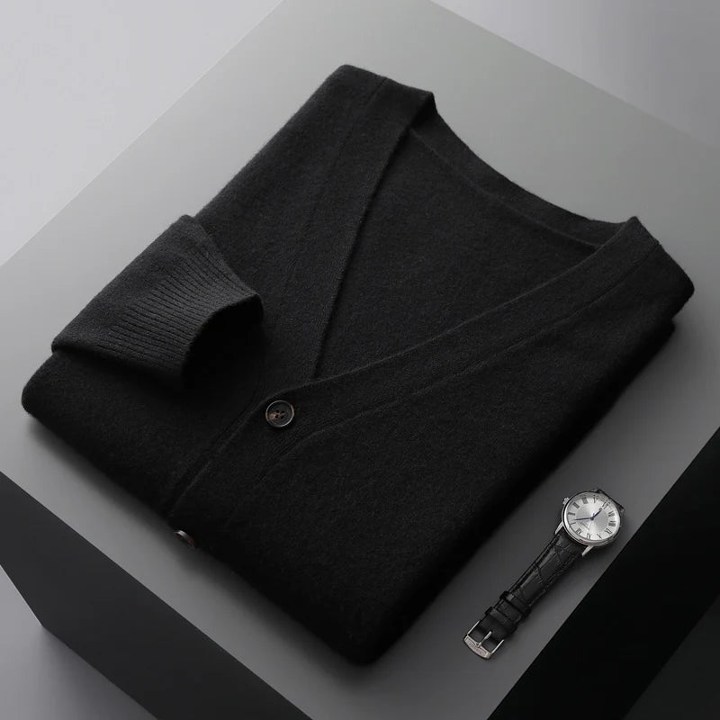 100% Pure Wool Sweater Autumn Winter New Men's Cardigan V-Neck Buckle Jacket Loose Casual Cashmere Knitted Sweater Long Sleeveds