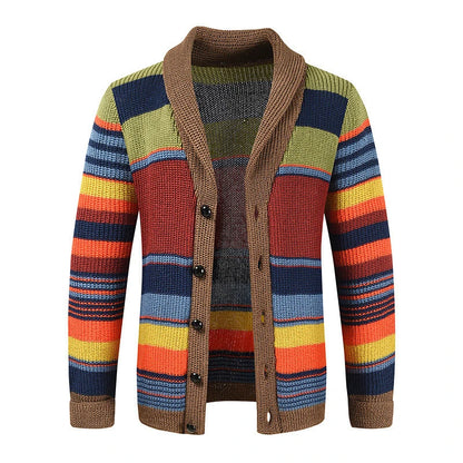 Winter Men's Rainbow Sweaters Cardigan Fashion Man Warm Knitted Sweaters Coats Man Lapel Windbreaker Knitted Jackets Clothing