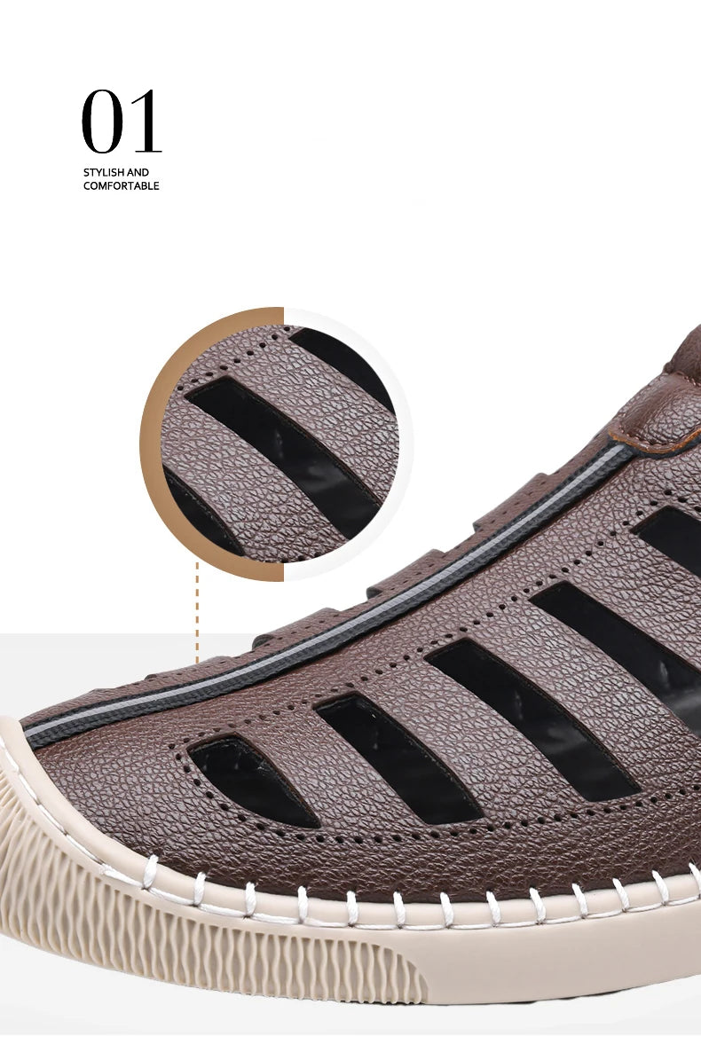 Outdoor Men Summer Sandals Breathable Hollow Leisure Anti Slip Leather Beach Shoes Fashionable Man Comfortable Hole Shoes