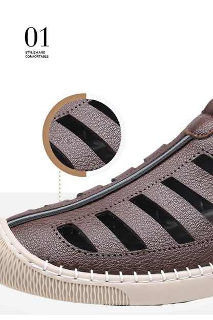Outdoor Men Summer Sandals Breathable Hollow Leisure Anti Slip Leather Beach Shoes Fashionable Man Comfortable Hole Shoes