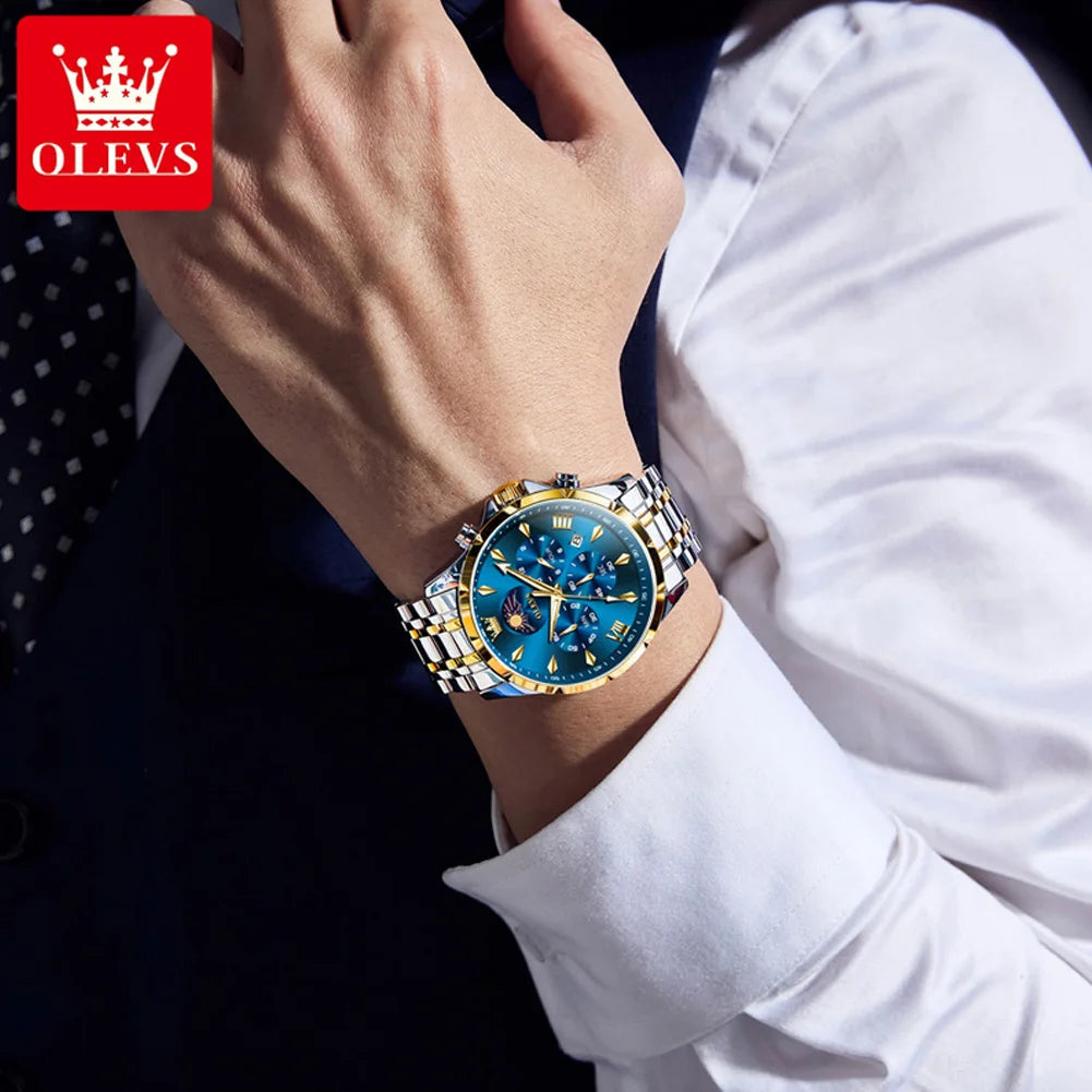OLEVS 3653 Original Mens Quartz Watch NEW Four Functional Small Dials Chronograph 24-hour Moon Phase Stainless Steel Waterproof Man Wristwatch
