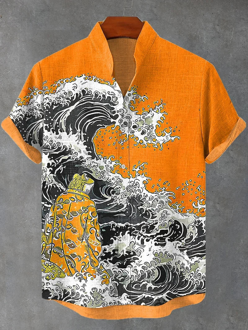 New Men's Samurai Hawaiian Shirt 3D Wave Print Casual Short Sleeve Top Loose Costume Fashion Vintage Shirt