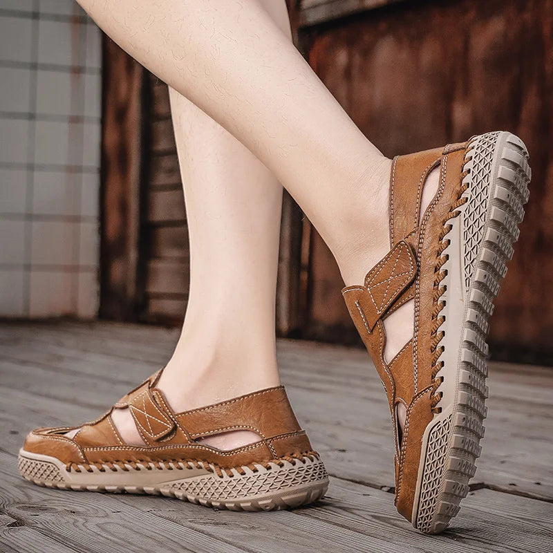 Male Casual Leather Summer Shoes Versatile Men's Sandals Durable Handmade Stitching Besch Shoes Non Slip Roma Footwear Sandals