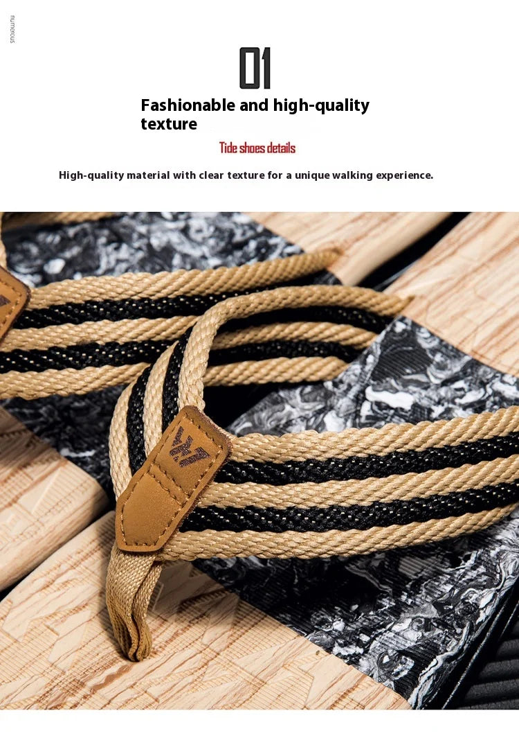 Japanese wood grain flip flops for men in summer wear anti-slip trend printed soft bottom clip foot stroke beach sand sand