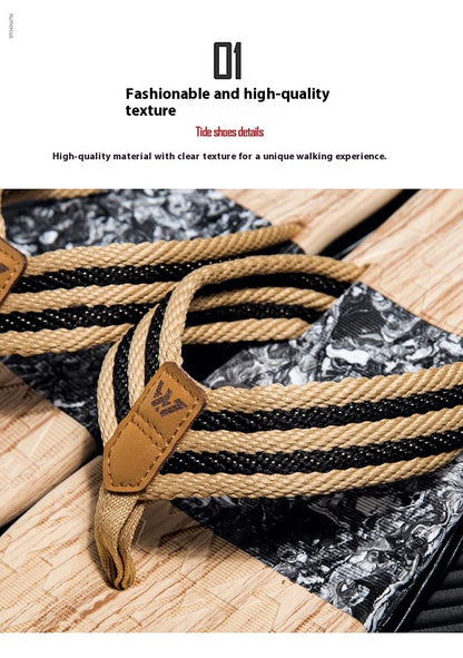 Japanese wood grain flip flops for men in summer wear anti-slip trend printed soft bottom clip foot stroke beach sand sand