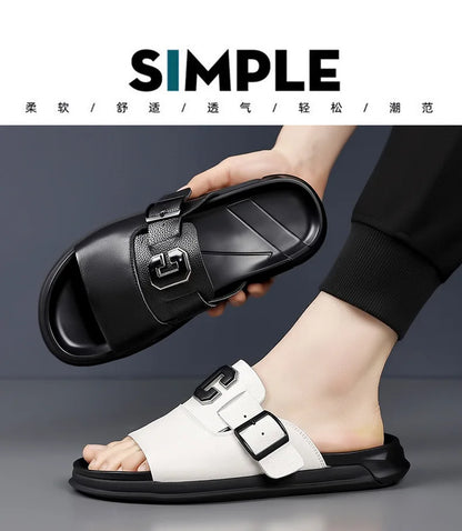 Men Outwear Genuine Leather Slippers for Men Fashion Buckle Designer Summer Flip-flops Male Casual Non-slip Beach Shoes Man