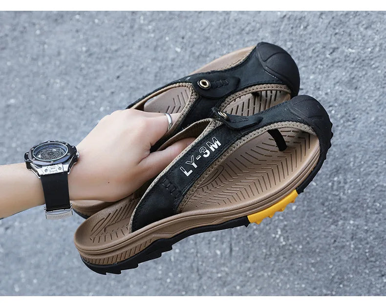 Genuine Cow Leather Shoes Men Sandals Flip Flops Men's Casual Shoes Classic Massage Men Beach Slippers Anti-slip Summer 2025 New