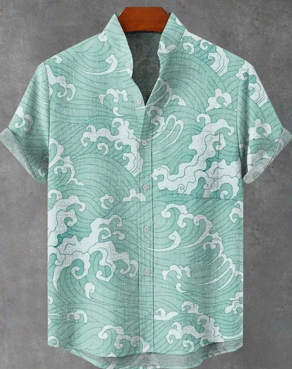 Men's striped Hawaiian shirt, casual short-sleeved top, loose and fashionable, vintage summer shirt