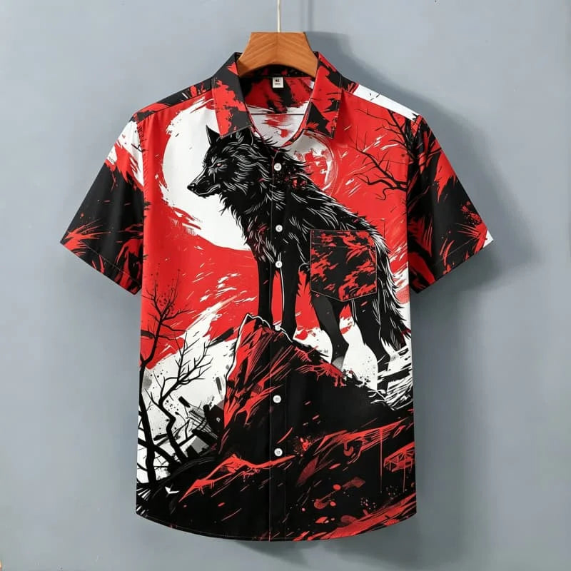 Men's Domineering Wolf Head Printed Short Sleeved Shirt with Wild Style and Personality Suitable for Street Shirts
