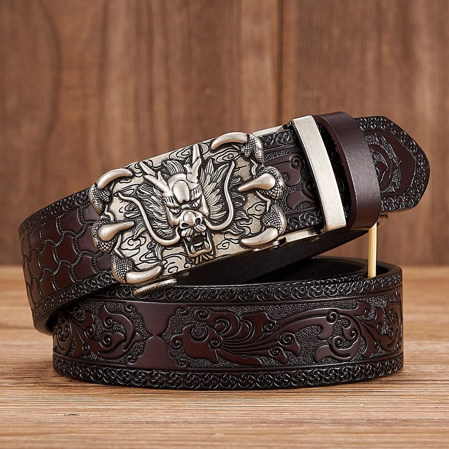3.5cm Fashion Embossing Retro Male Belts for Men Business Split Leather Belt Dragon Pattern Automatic Buckle Strap