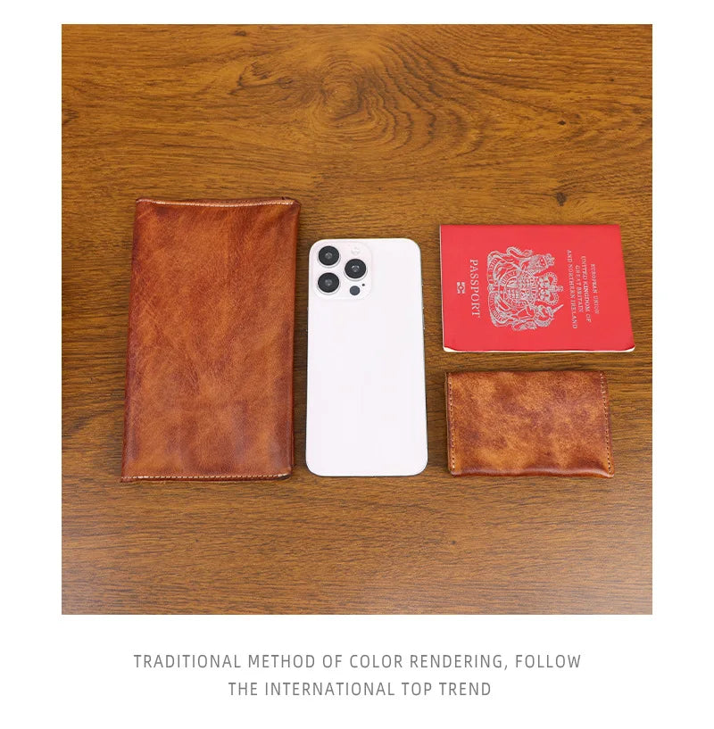 Large Capacity Men Wallet Vintage Genuine Cow Leather Handbag Card Holder Phone Pocket High Quality Handmade Male Money Clips