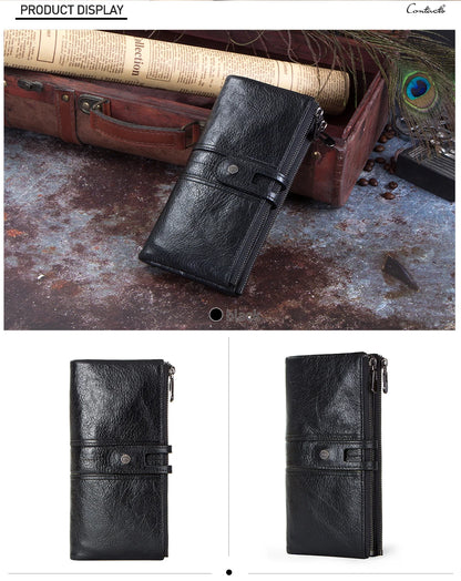 CONTACT'S Men Clutch Wallet Genuine Leather Long Wallet Hasp Card Holder Vintage Male Zipper Coin Purse Money Clip Women Purse