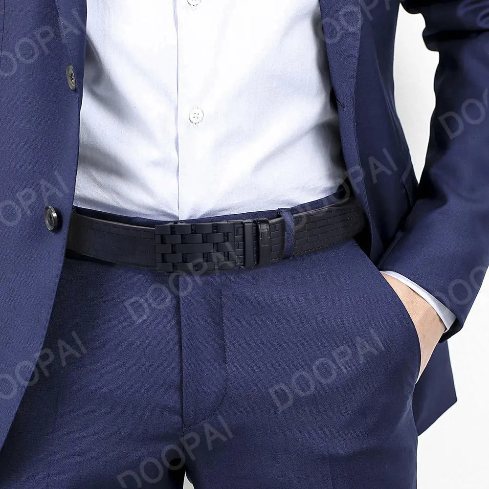 2023 Men Belt Metal Luxury Brand Automatic Buckle Plaid Genuine Leather Belts for Men Waist Strap Black Male