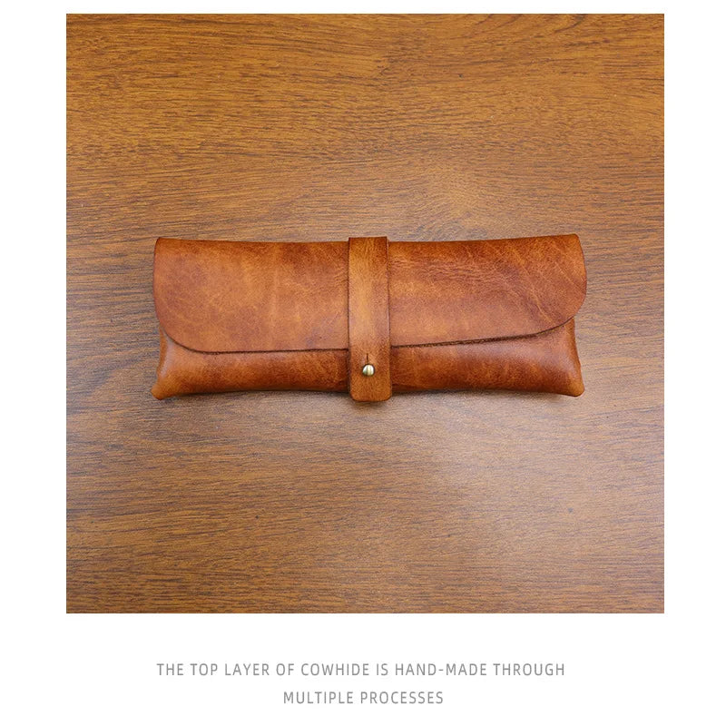 Genuine Leather Men Pencil Bag Handmade Wallet Large Capacity Retro Glasses Storage Bag Stationery Pencil Case Unisex Purses