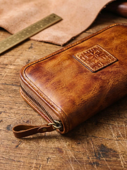 YETTIES Men's Vegetable Tanned Leather Long Clutch Wallet Large Capacity Multi-Function Document Vintage Business Handheld Purse