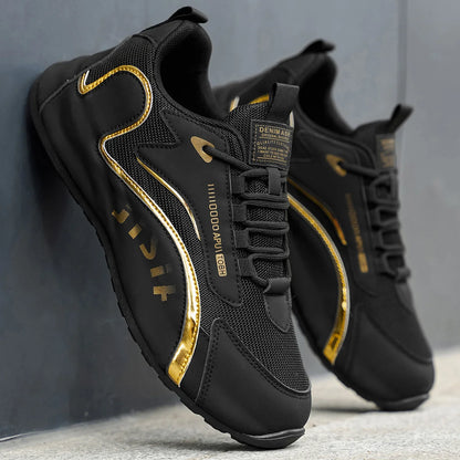 Trendy Black and Gold Color-Blocking Mesh Casual Shoes, Men's Breathable Shock-Absorbing Thick-Soled Sneakers, Versatile Soft-Soled Non-Slip Men's Shoes for Daily Commuting