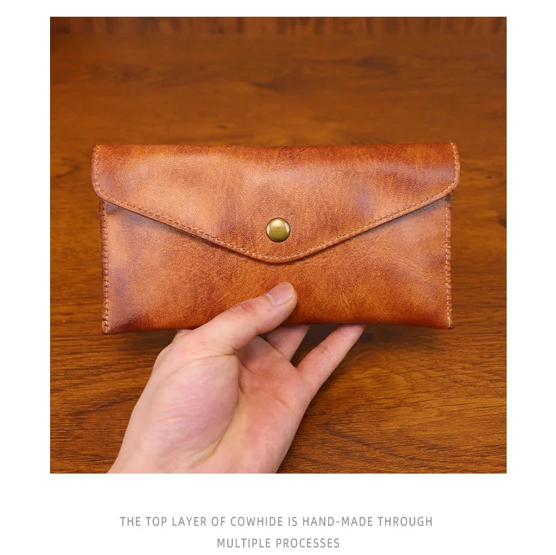 Genuine Leather Men Handmade Wallet High Quality Retro Handbag Simple Phone Pocket Card Bag Big Capacity Male Purses