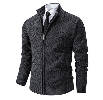Mens Sweaters Jacket Full Zip Fleeced Sweater Cardigan Plaid Stand Collar Sweaters Coat Autumn Winter Homme Clothes