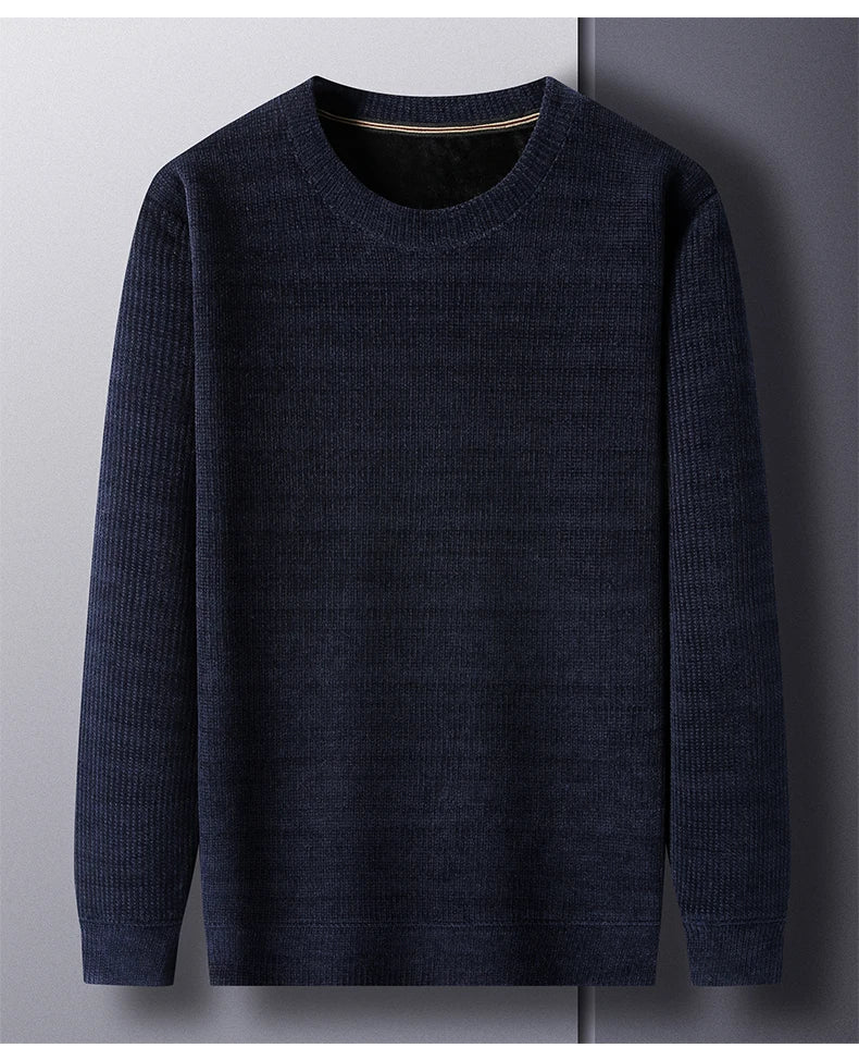 Fleece-Lined Knitted Pullover Sweater Casual Jumper for Men Insulated Warm Long Sleeve Thick Material Round Neck Design