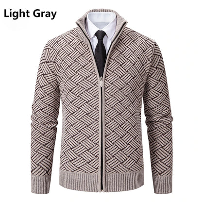 Mens Sweaters Jacket Full Zip Fleeced Sweater Cardigan Plaid Stand Collar Sweaters Coat Autumn Winter Homme Clothes