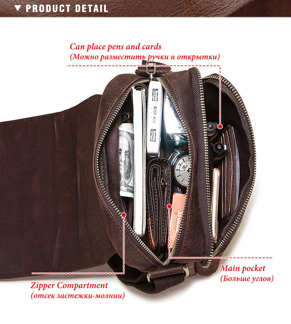 Fashion Crazy Horse Leather Men's Messenger Bag Flap Large Capacity Crossbody Bag Top Quality Shoulder Bag Sling Bag Tote