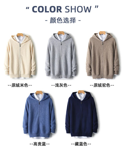 Men 100% Merino Wool Sweater Hooded Zipper Cardigan Autumn Winter Thickened Knit Large-size Jacket Long Sleeved Sportswear Coat