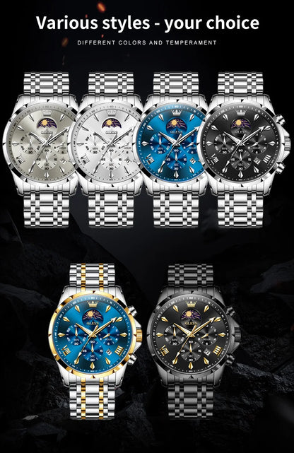 OLEVS 3653 Original Mens Quartz Watch NEW Four Functional Small Dials Chronograph 24-hour Moon Phase Stainless Steel Waterproof Man Wristwatch